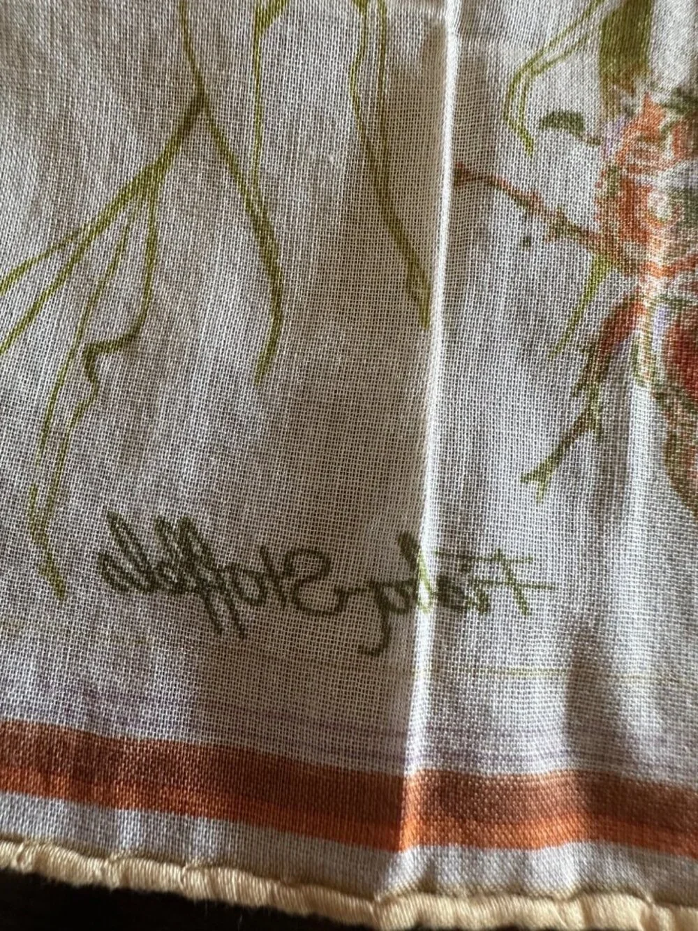 Vintage Flora Stoffels Handkerchief With Orange Roses & Bugs Print